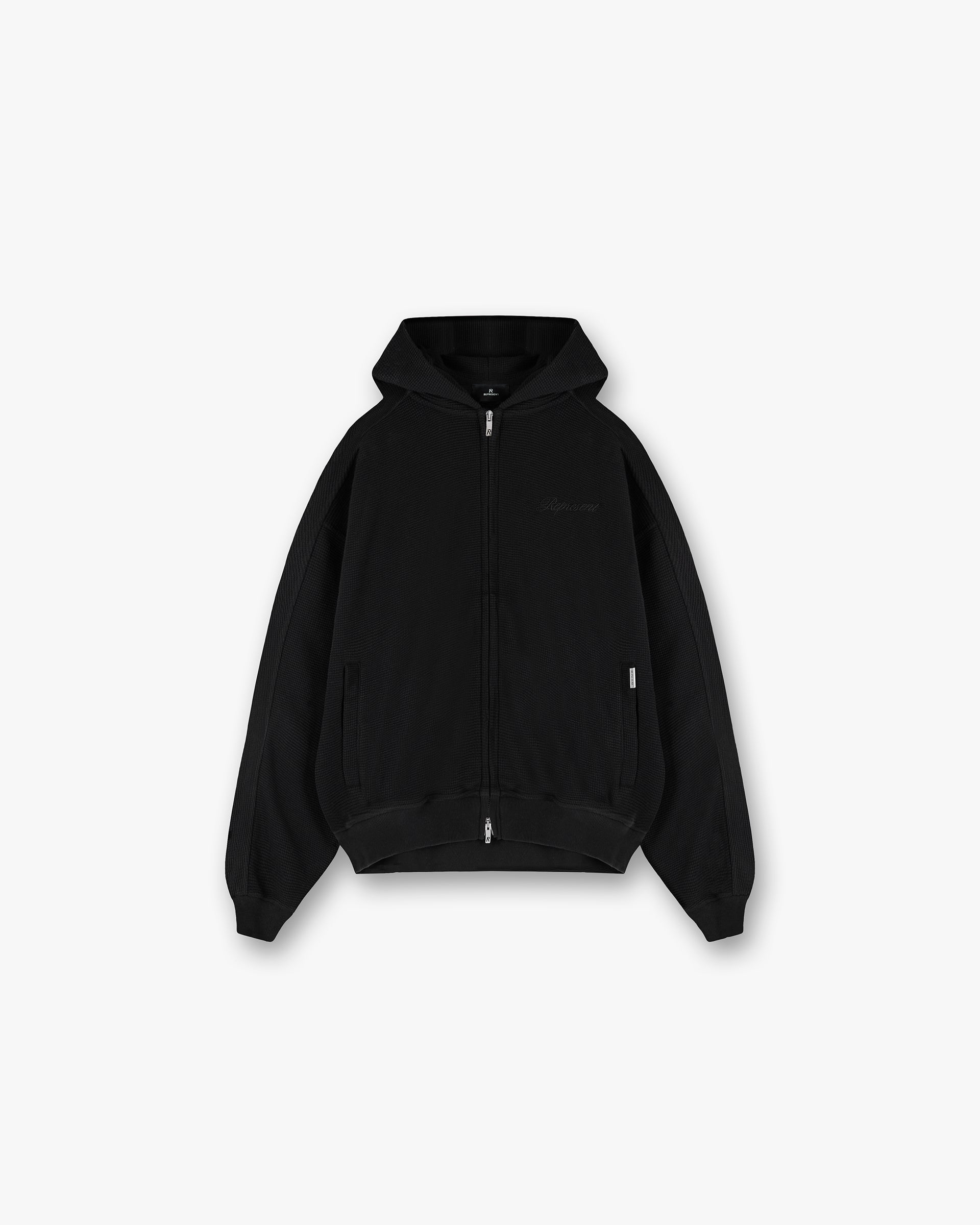 Jet Black Waffle Zip Up Hoodie | Mens Hoodies | REPRESENT