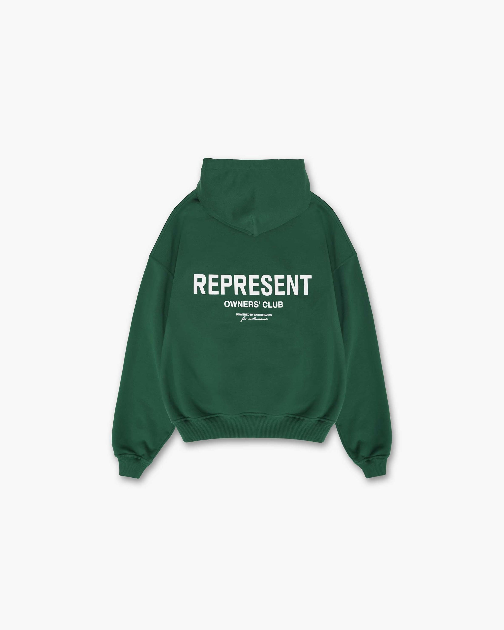 Front product image of a mens green hoodie on a plain white background | Represent Owners Club Hoodie in Racing Green | Hoodie with a relaxed fit and ribbed cuffs | Owners Club Hoodies | Represent Clo