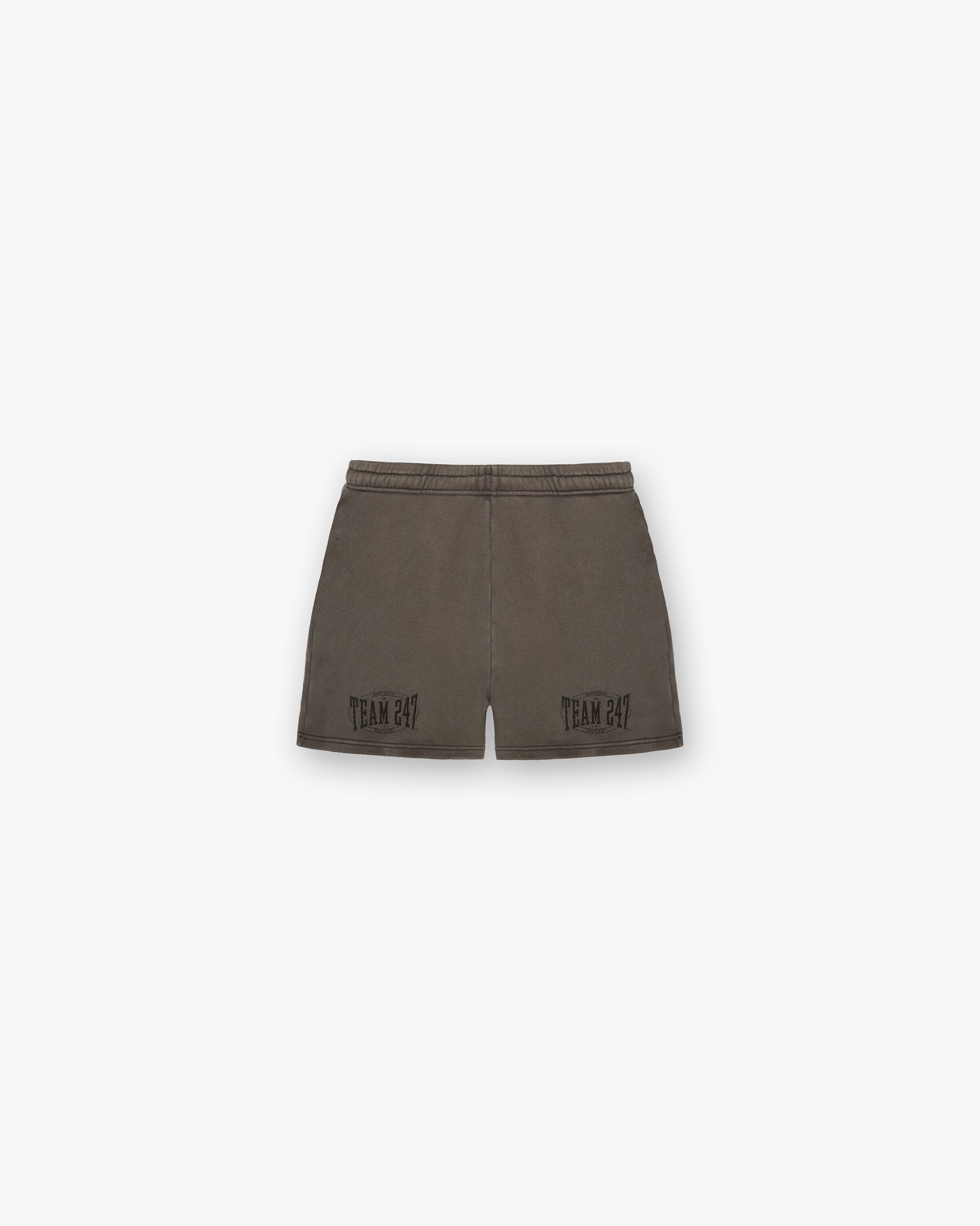 Back product image of mens brown jersey shorts on a plain white background | 247 X Everlast Training Camp Jersey Shorts in Washed Brown | Fleece shorts with elasticated waistband | 247 Shorts | Represent Clo