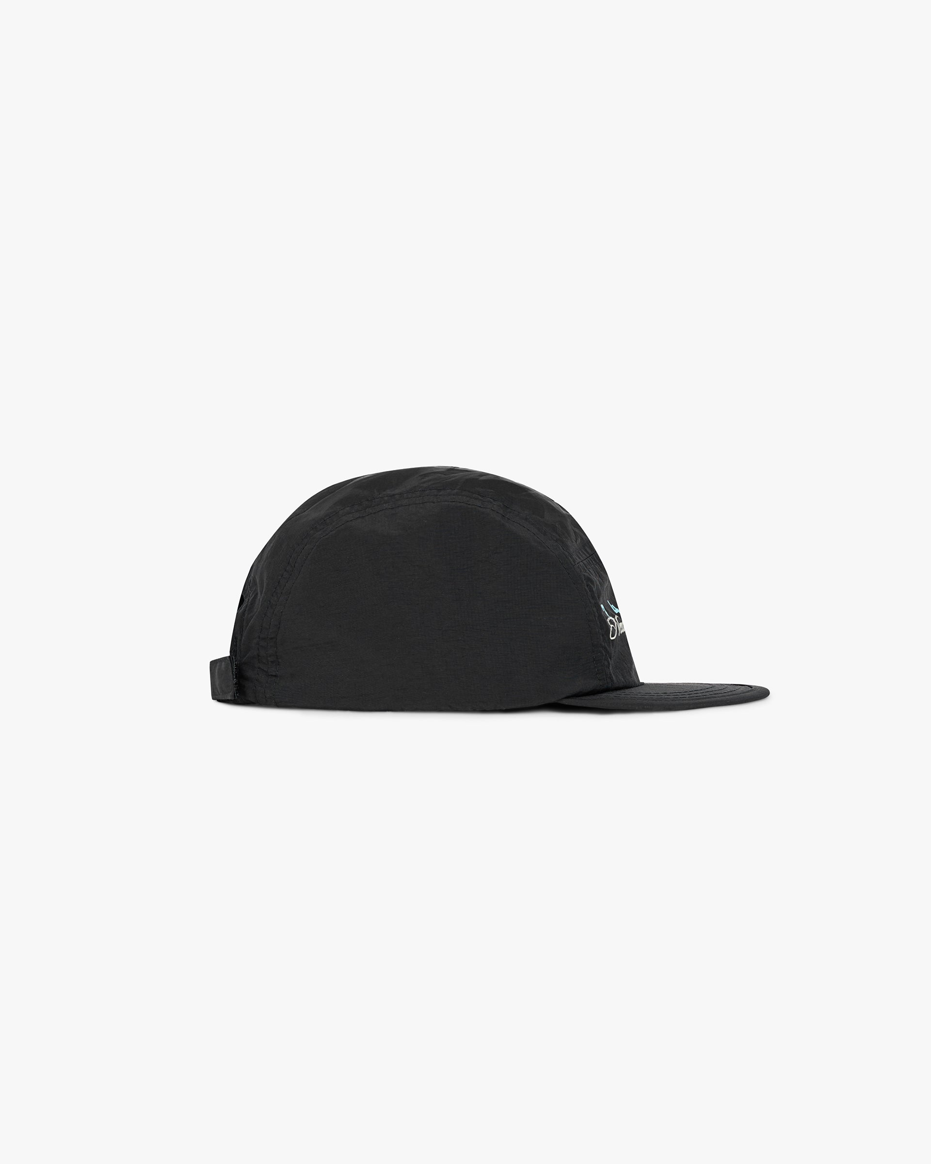 Back product image of a mens black cap on a plain white background | 247 New York Cap in Black | 5-panel cap with New York script branding | 247 Accessories | Represent Clo