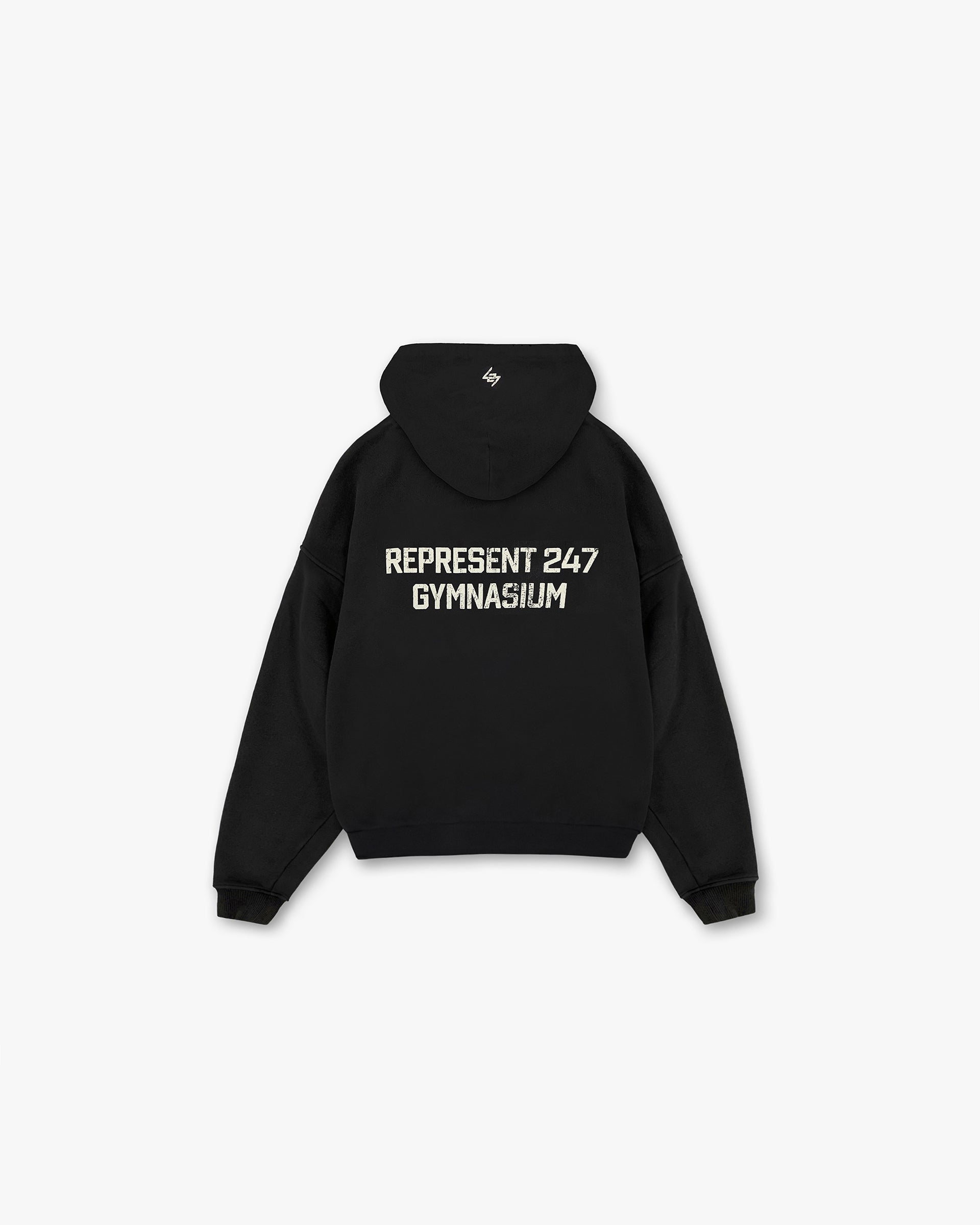 Back product image of a mens black hoodie on a plain white background | 247 Gymnasium Boxy Hoodie in Off Black | Relaxed boxy fit hoodie with ribbed hem and cuffs | 247 Hoodies | Represent Clo