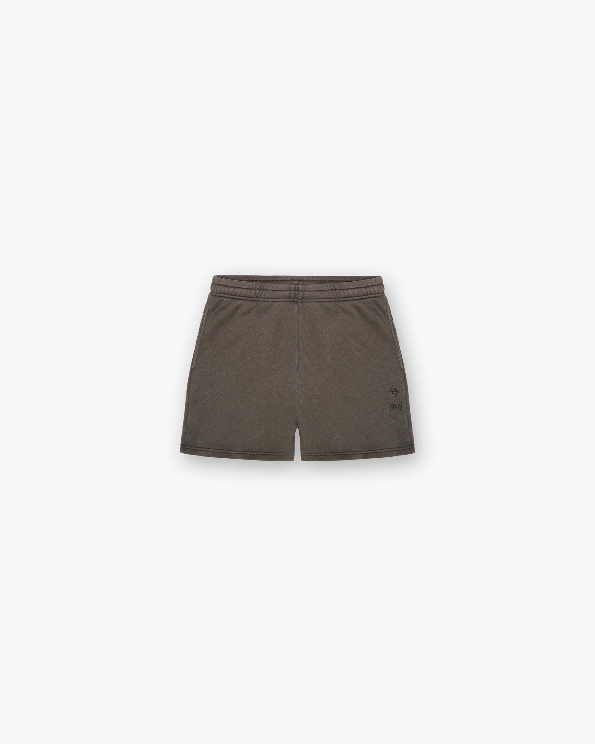 Front product image of mens brown shorts on a plain white background | 247 X Everlast Training Camp Jersey Shorts in Washed Brown | Jersey shorts with elasticated waistband | 247 Shorts | Represent Clo