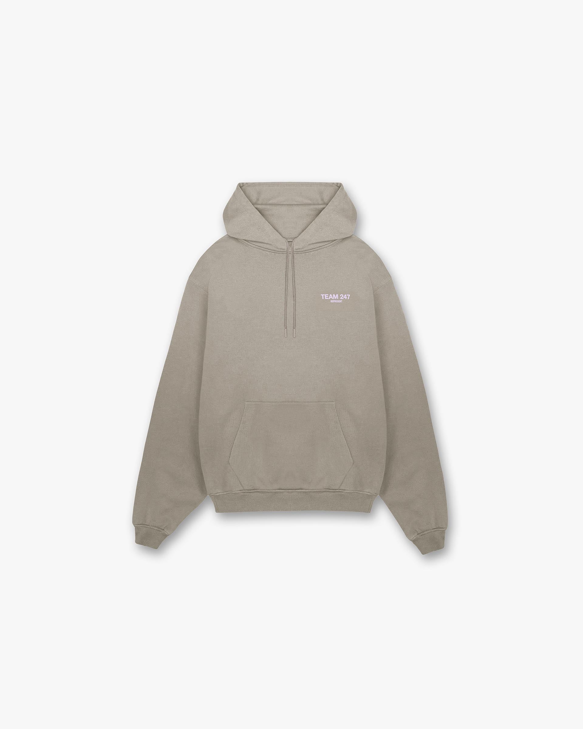 Front product image of a mens khaki oversized hoodie on a plain white background | Team 247 Oversized Hoodie in Khaki Lilac | Hoodie with relaxed fit | 247 Hoodies | Represent Clo