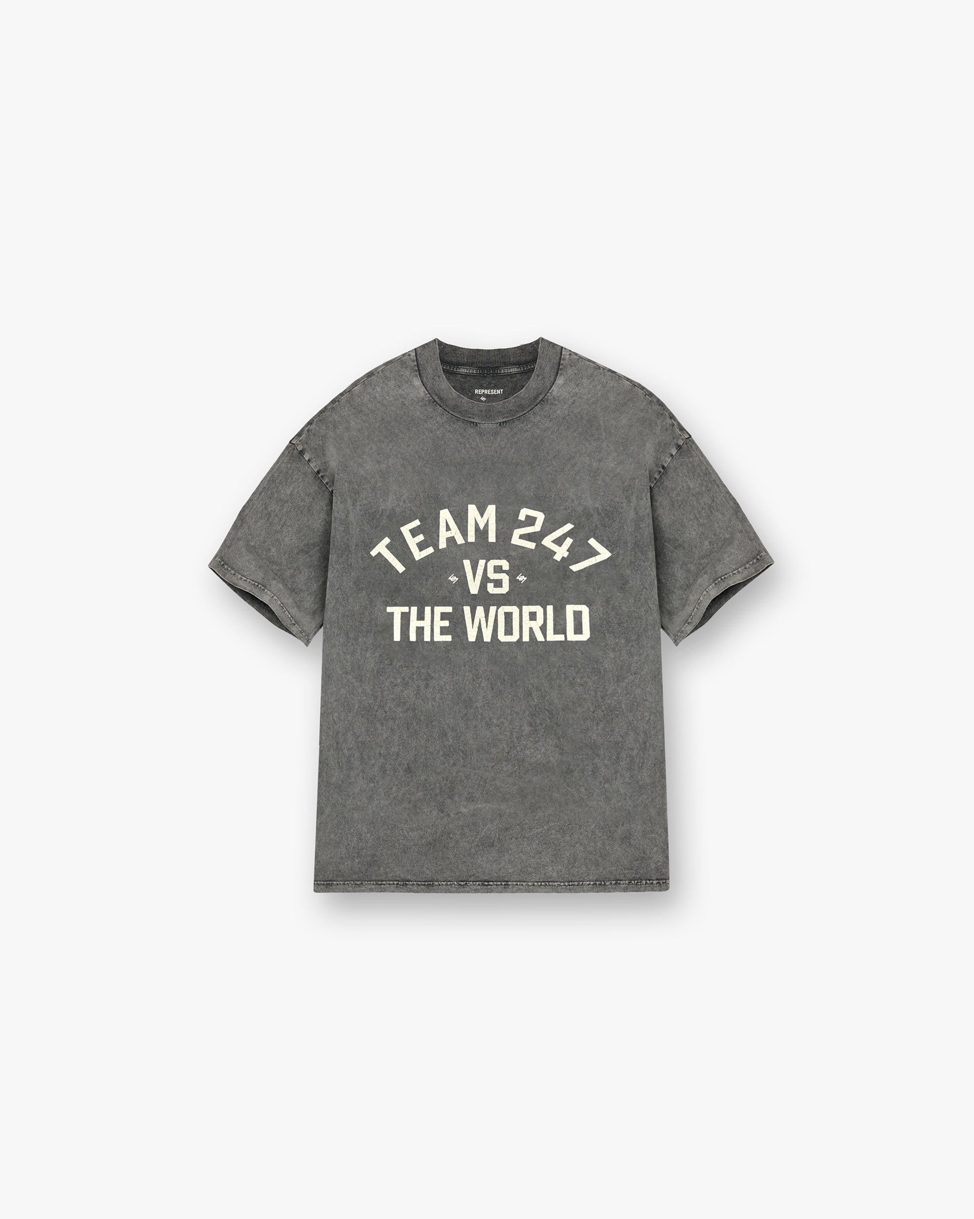 Front product image of a mens grey t-shirt on a plain white background | 247 Vs The World T-Shirt in Pewter | Relaxed fit t-shirt | 247 T-Shirts | Represent Clo