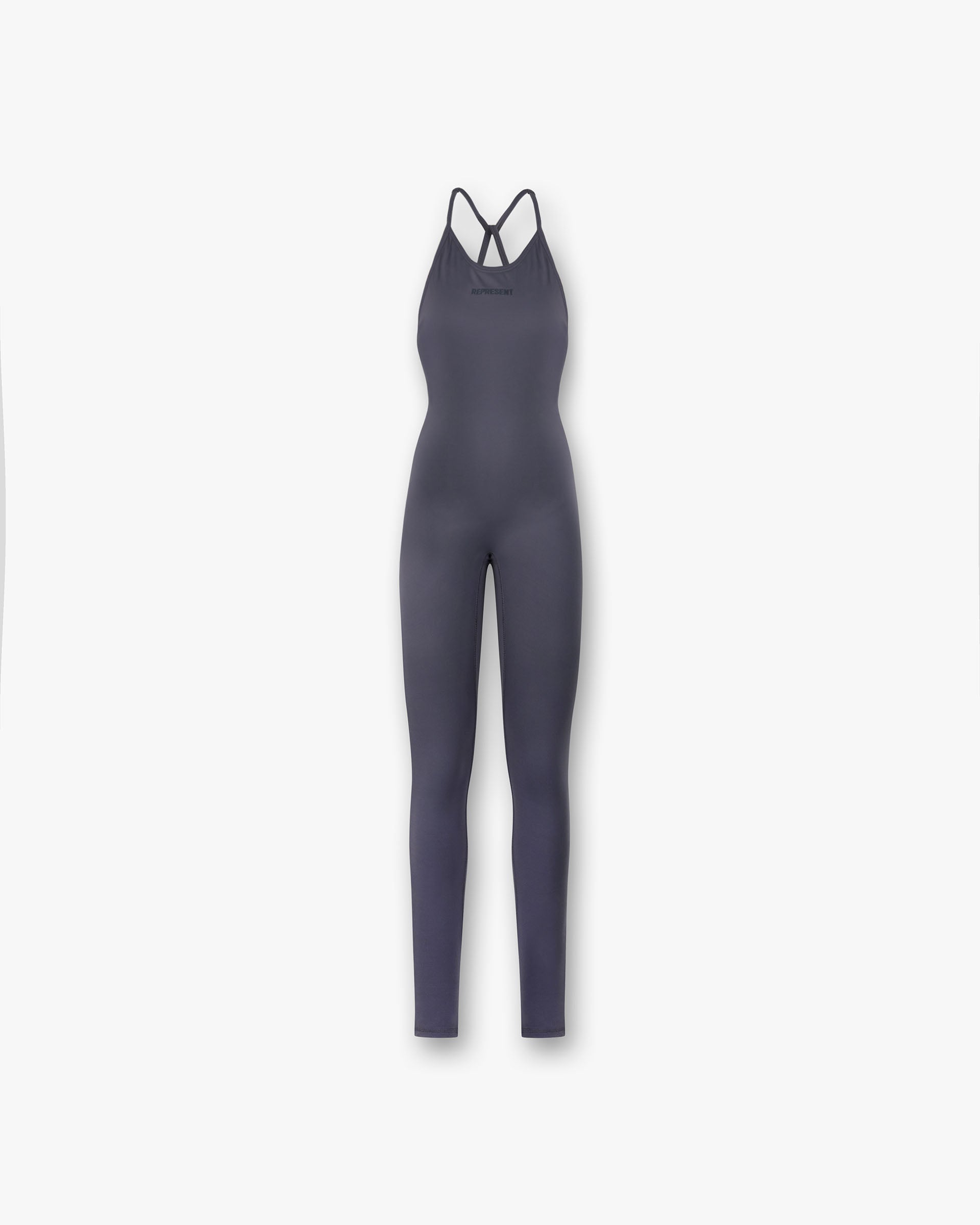Front product image of a womens grey unitard on a plain white background | Owners Club Unitard in Grey | Jumpsuit with focus on detail and fit | Womens Jumpsuits | Represent Clo