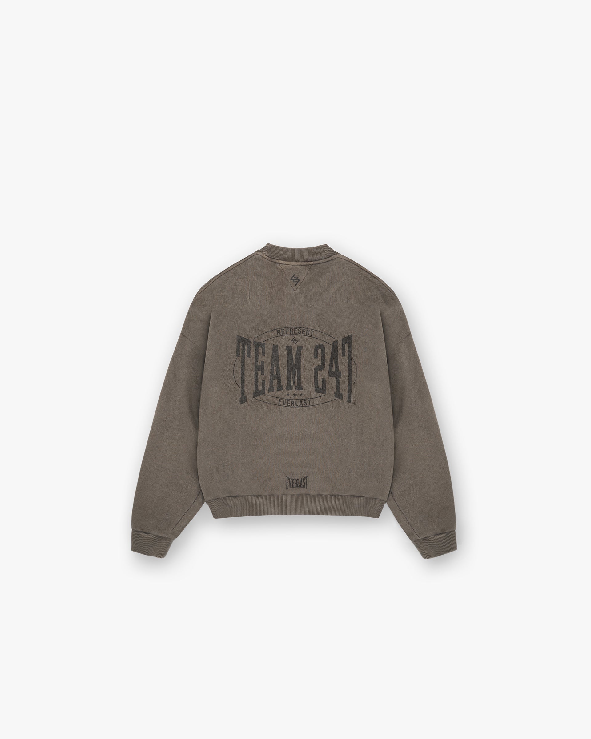Back product image of a mens brown sweater on a plain white background | 247 X Everlast Training Camp Boxy Sweater in Washed Brown | Boxy sweater with cracked graphic and ribbed details | 247 Sweaters | Represent Clo