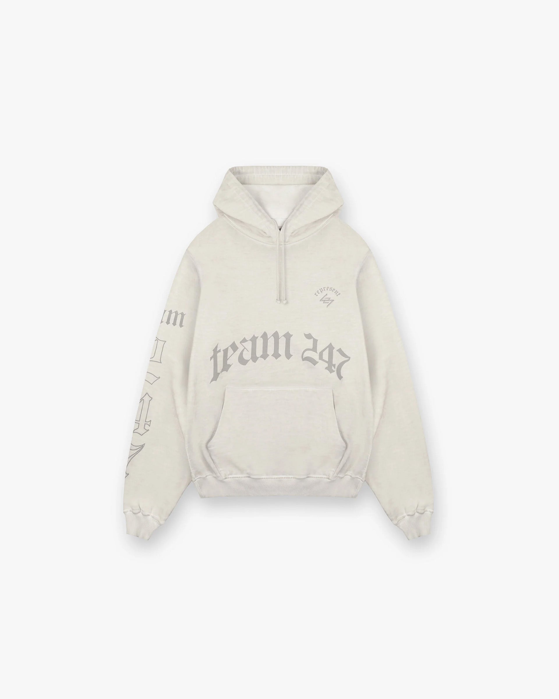 Front product image of a mens white hoodie on a plain white background | WG247 Hoodie in Washed Bleach | Oversized hoodie with sun fade wash | 247 Hoodies | Represent Clo