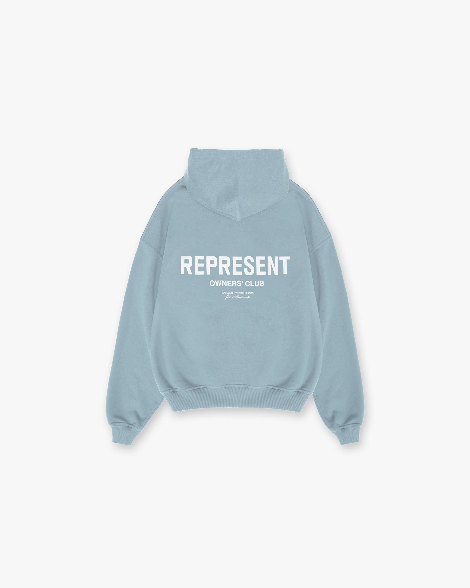 Front product image of a mens blue hoodie on a plain white background | Represent Owners Club Hoodie in Powder Blue | Heavyweight oversized hoodie | Owners Club Hoodies | Represent Clo