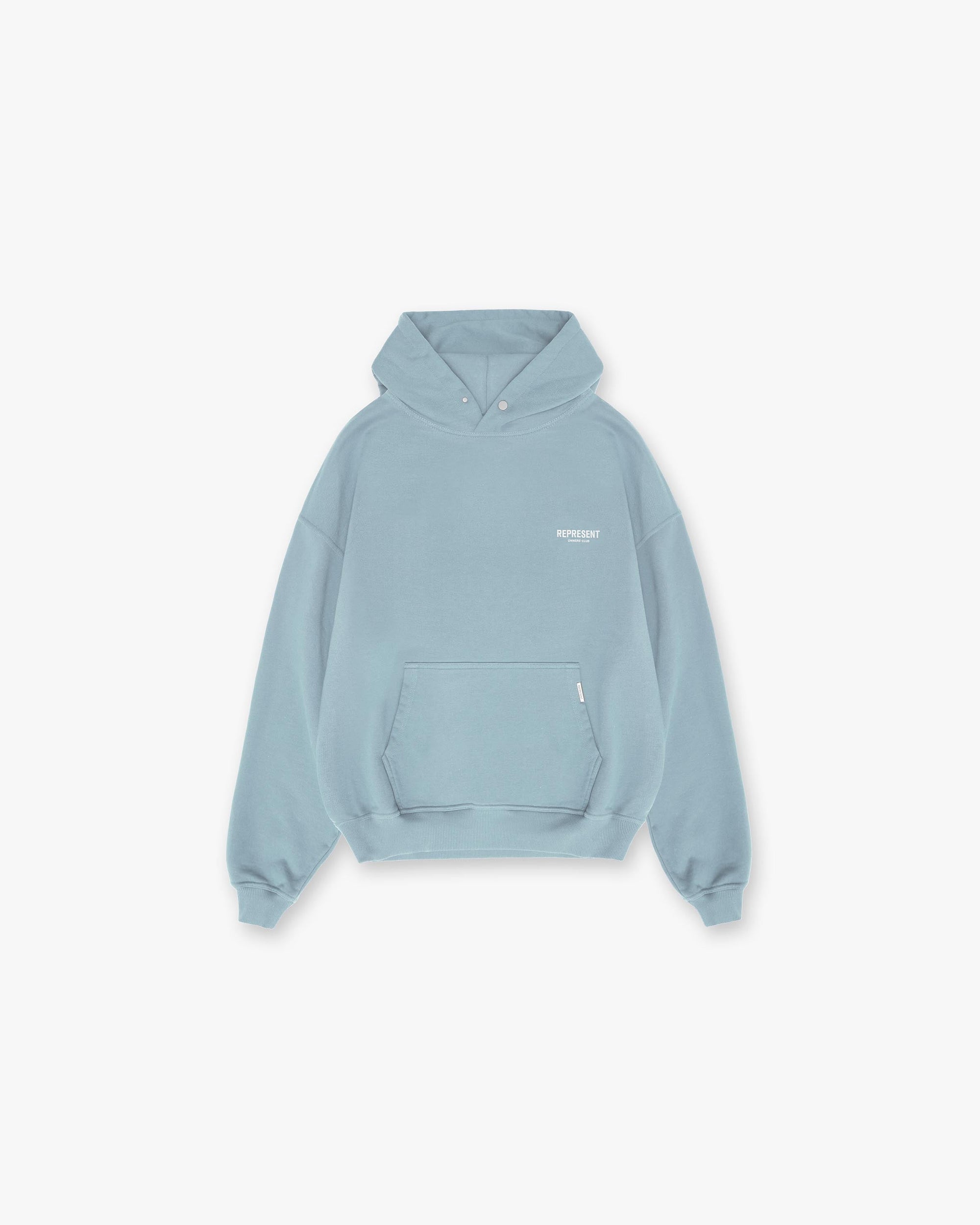Back product image of a mens blue hoodie on a plain white background | Represent Owners Club Hoodie in Powder Blue | Heavyweight cotton hoodie with ribbed hem and Cobrax popper | Owners Club Hoodies | Represent Clo