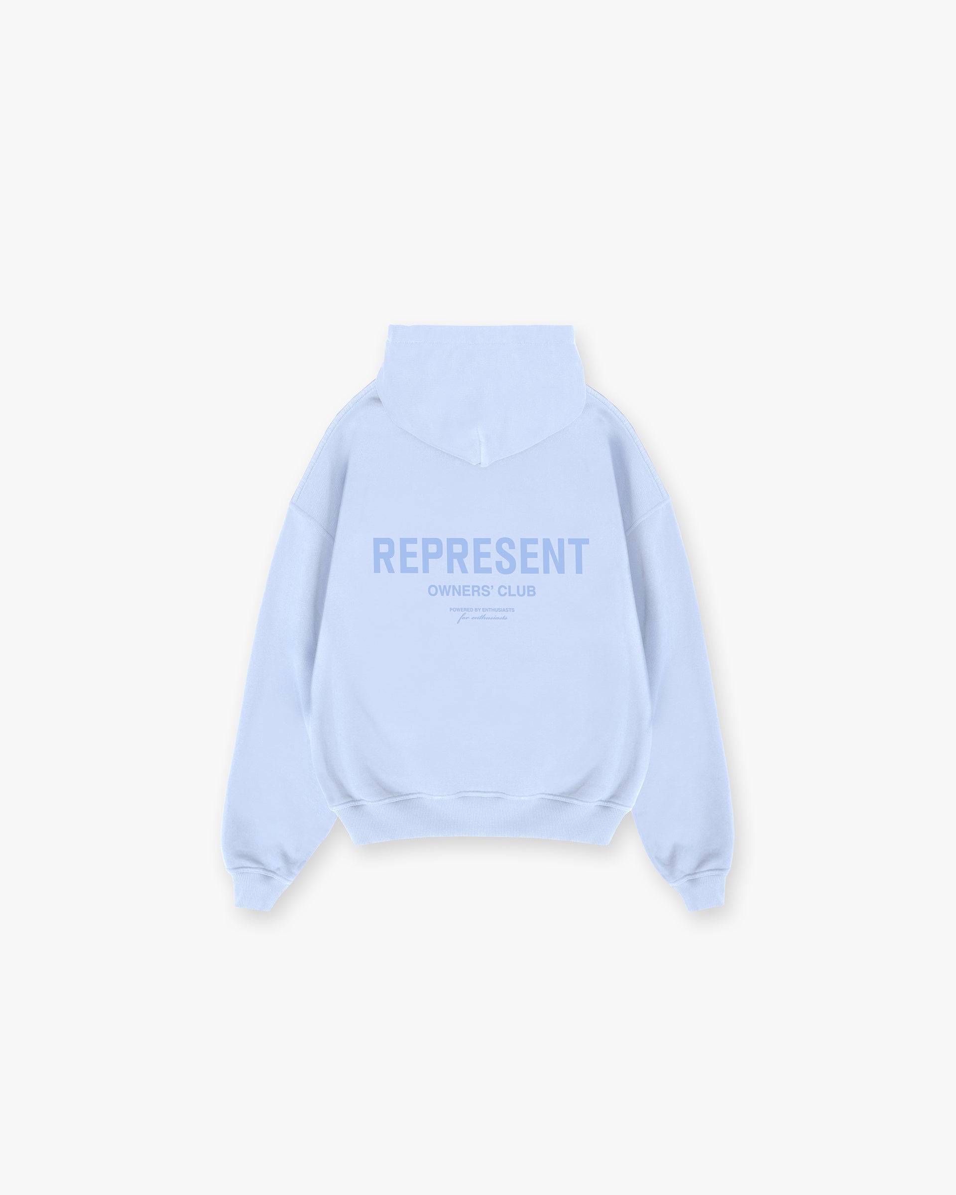 Front product image of a mens blue hoodie on a plain white background | Represent Owners Club Hoodie in Vista Blue | Hoodie with ribbed cuffs and distressing | Owners Club Hoodies | Represent Clo