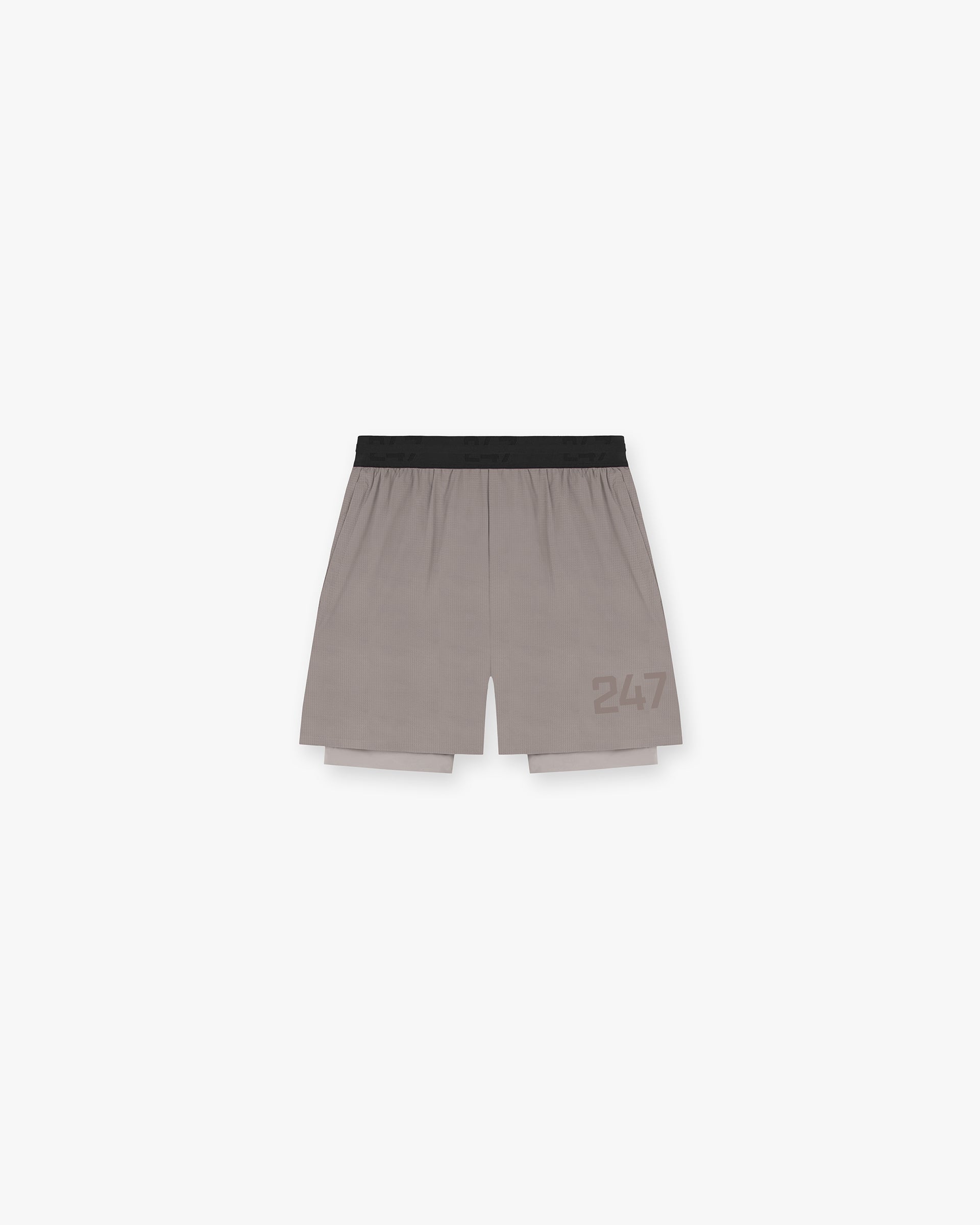Front product image of mens grey trail shorts on a plain white background | 247 Trail Short in Cinder | Gym shorts with back yoke towel storage | 247 Shorts | Represent Clo
