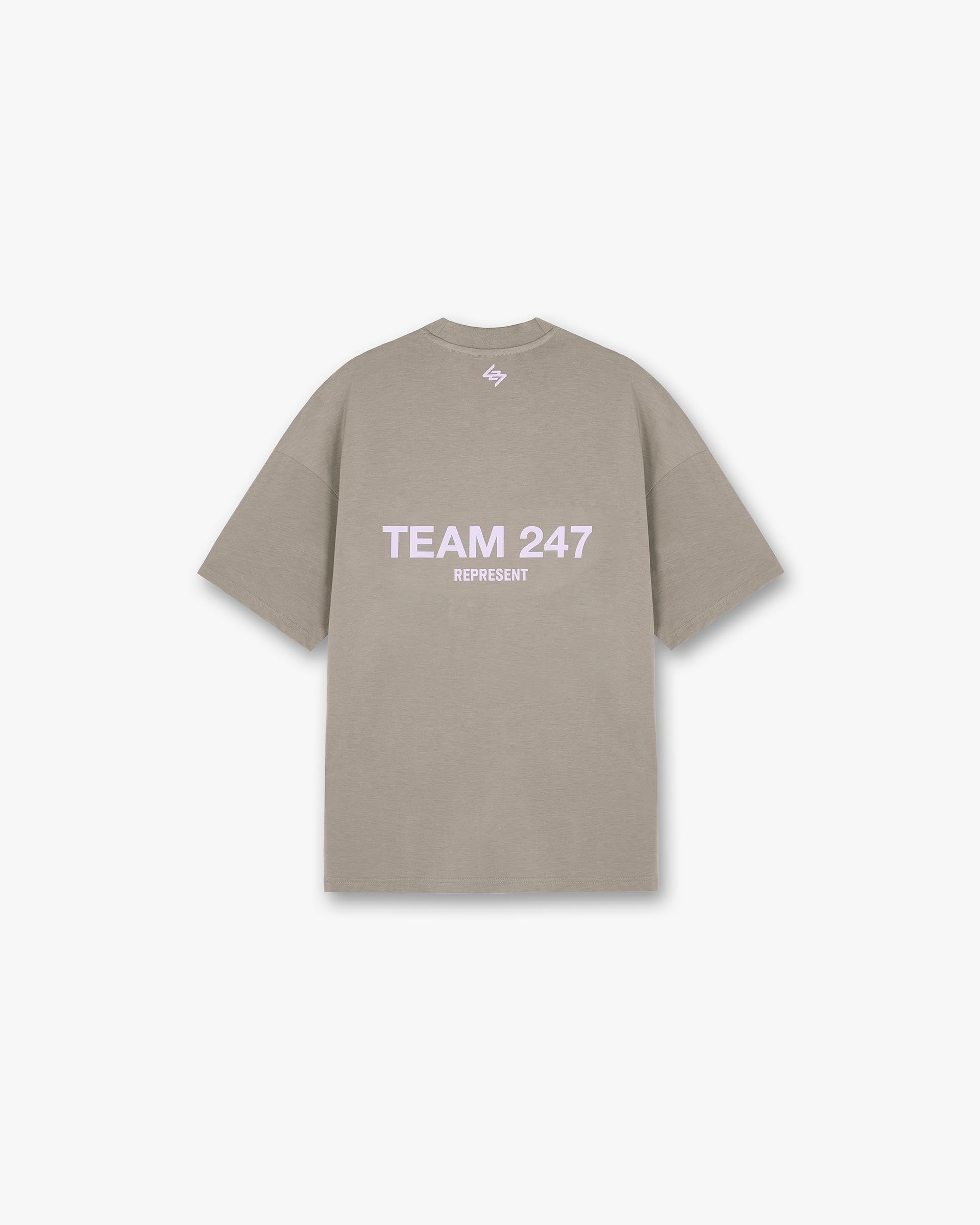 Back product image of a mens khaki t-shirt on a plain white background | Team 247 Oversized T-Shirt in Khaki Lilac | Oversized t-shirt with quick drying fabric | 247 T-Shirts | Represent Clo