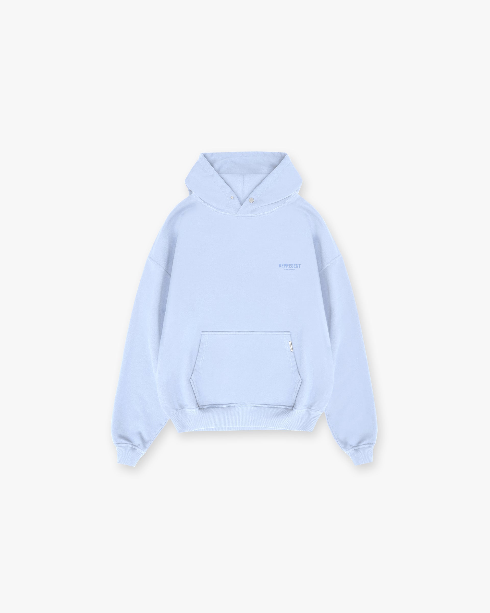 Back product image of a mens blue hoodie on a plain white background | Represent Owners Club Hoodie in Vista Blue | Heavy weight oversized hoodie with ribbed hem and cuffs | Owners Club Hoodies | Represent Clo