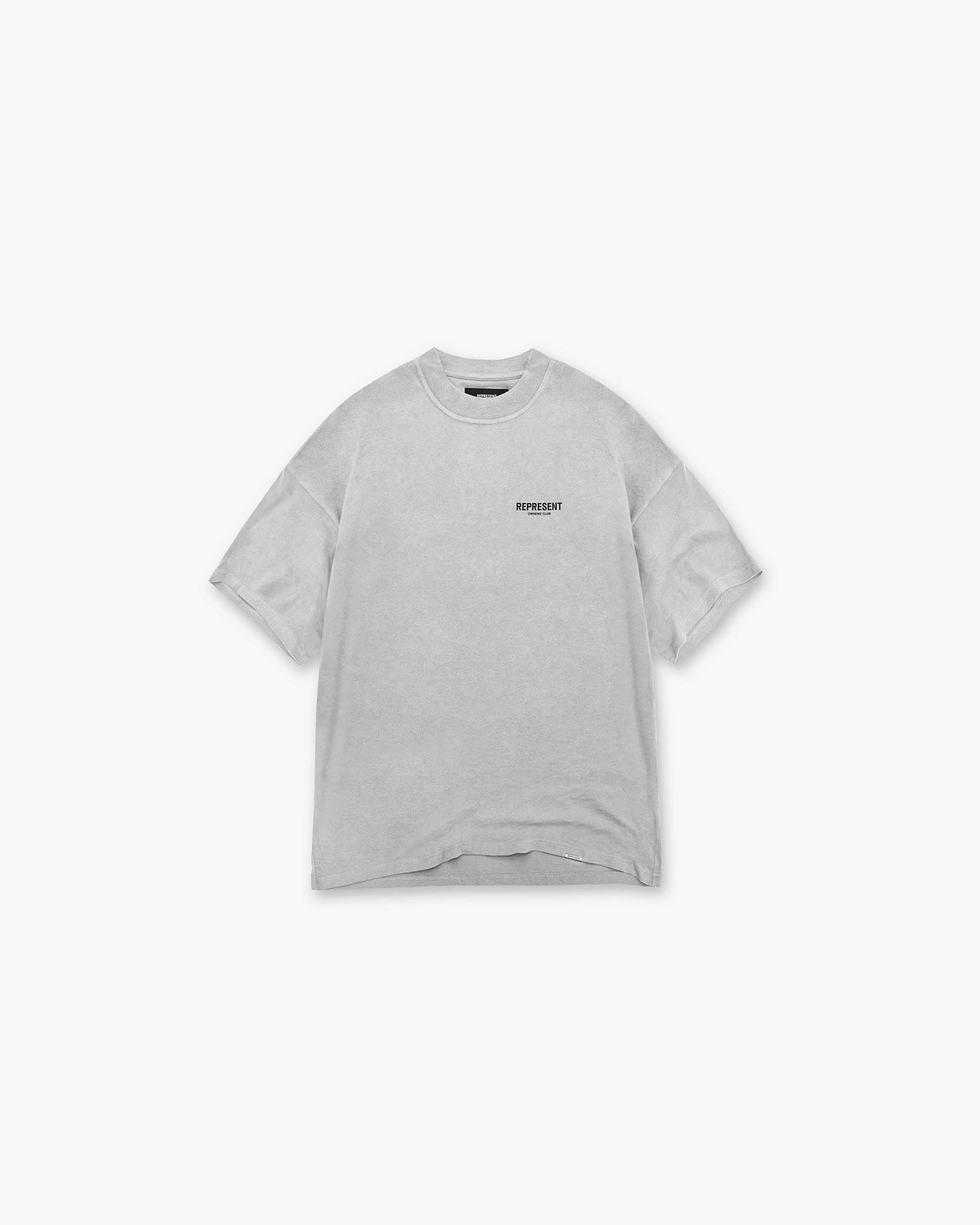 Back product image of a mens grey t-shirt on a plain white background | Represent Owners Club T-Shirt in Ash Grey | Oversized jersey t-shirt with graphic branding | Owners Club T-Shirts | Represent Clo
