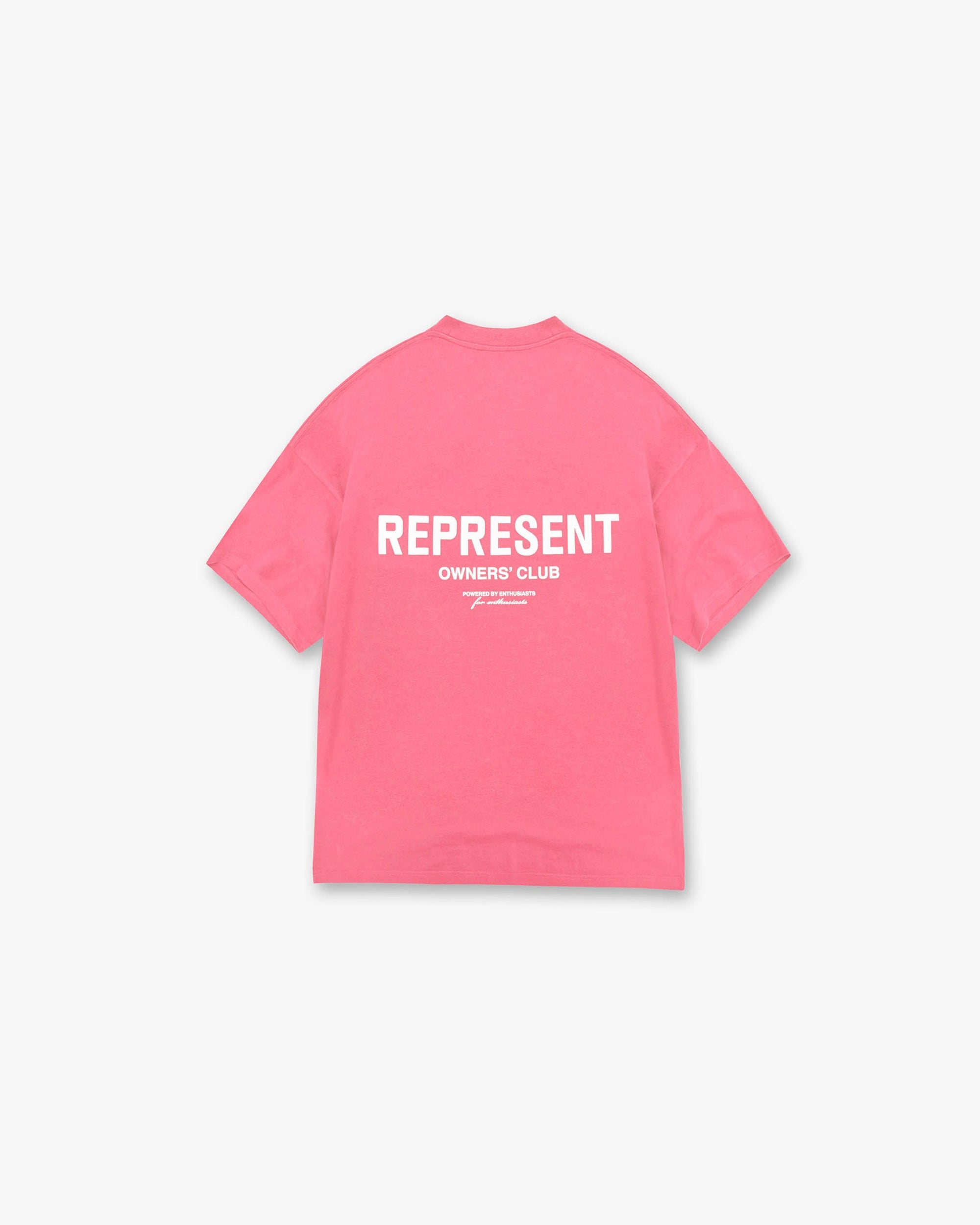 Front product image of a mens pink t-shirt on a plain white background | Represent Owners Club T-Shirt in Bubblegum Pink | Slightly oversized breathable t-shirt with vintage distressed details | Owners Club T-Shirts | Represent Clo