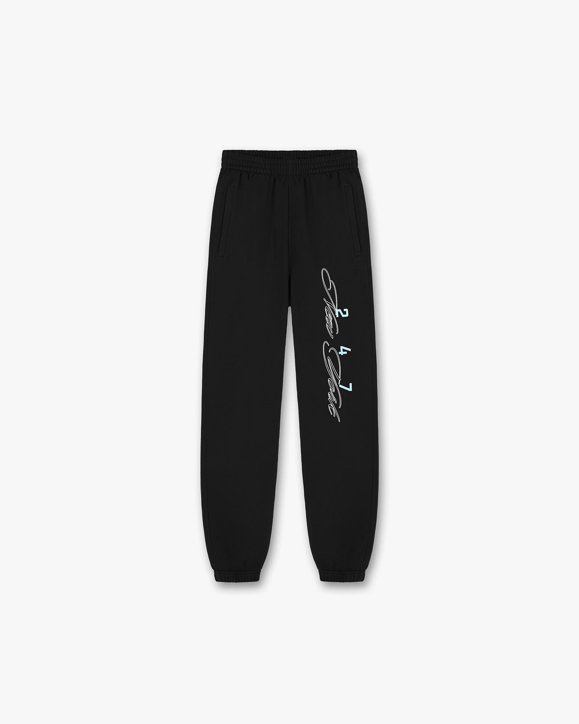 Front product image of a mens black sweatpant on a plain white background | 247 New York Sweatpant in Black | Soft cotton blend pants with drawstring waist | 247 Pants | Represent Clo