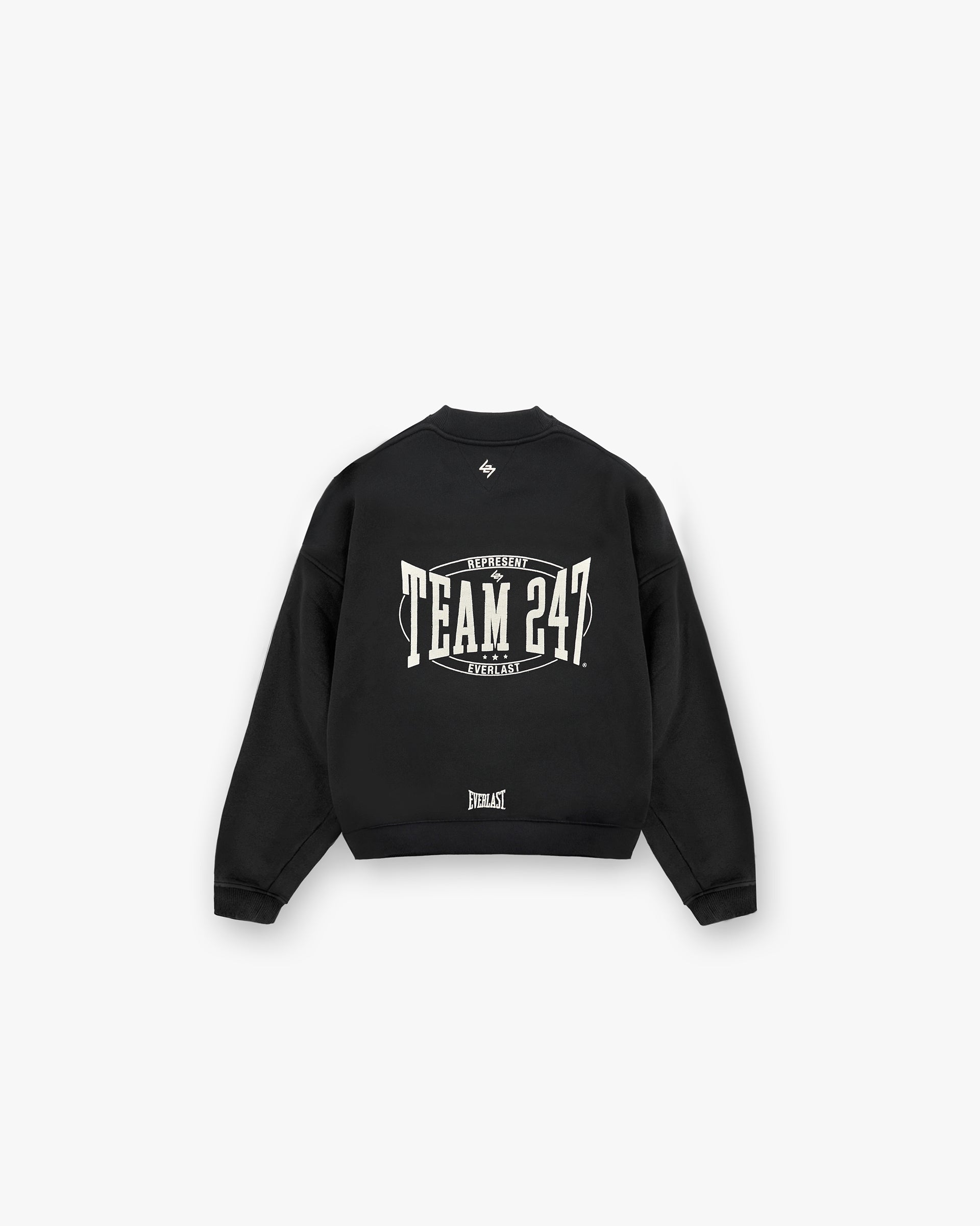 Back product image of a mens black sweater on a plain white background | 247 X Everlast Training Camp Boxy Sweater in Off Black | Boxy fit sweater with cracked graphic | 247 Sweaters | Represent Clo