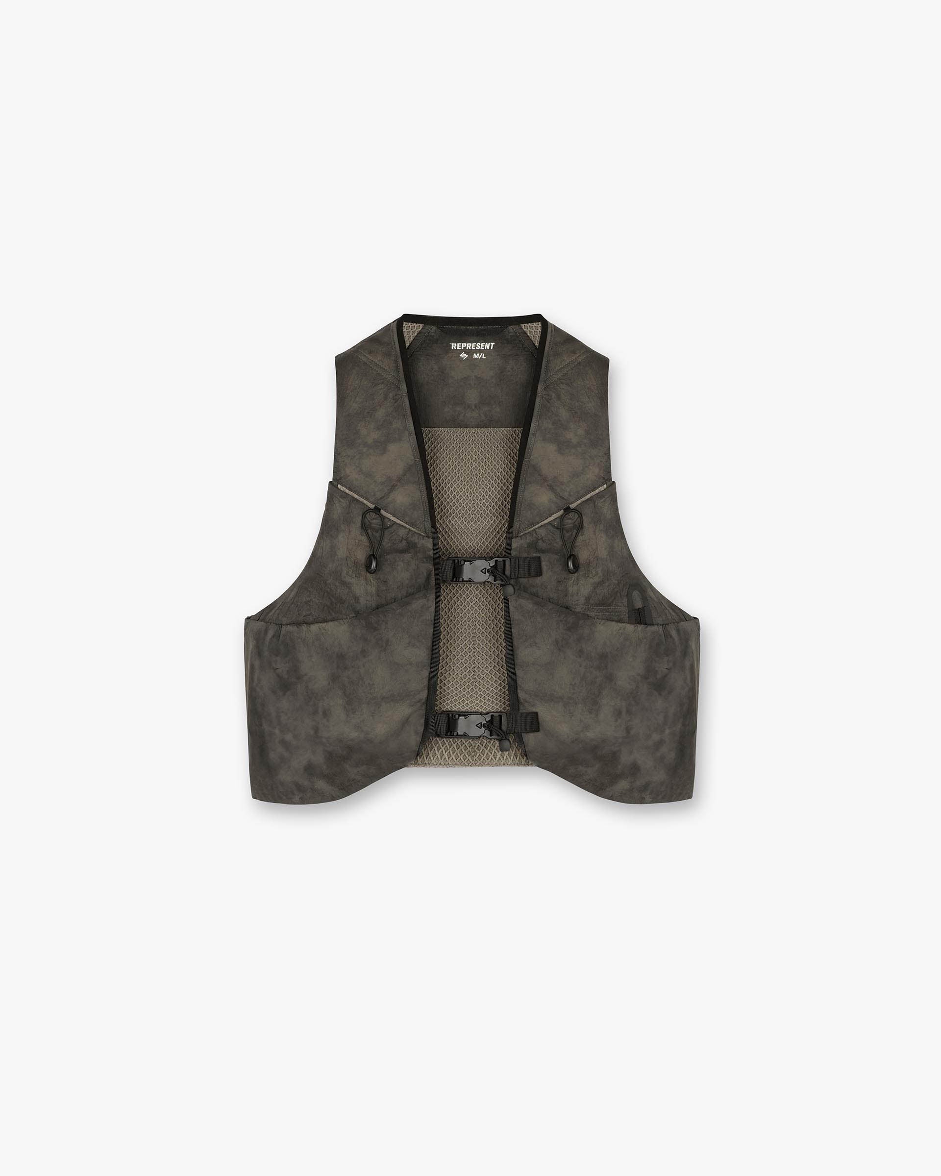 Front product image of a mens chest rig in buttercream on a plain white background | Team 247 Chest Rig in Terrain | Oversized fit loopback jersey with Cobrax popper | 247 Accessories | Represent Clo
