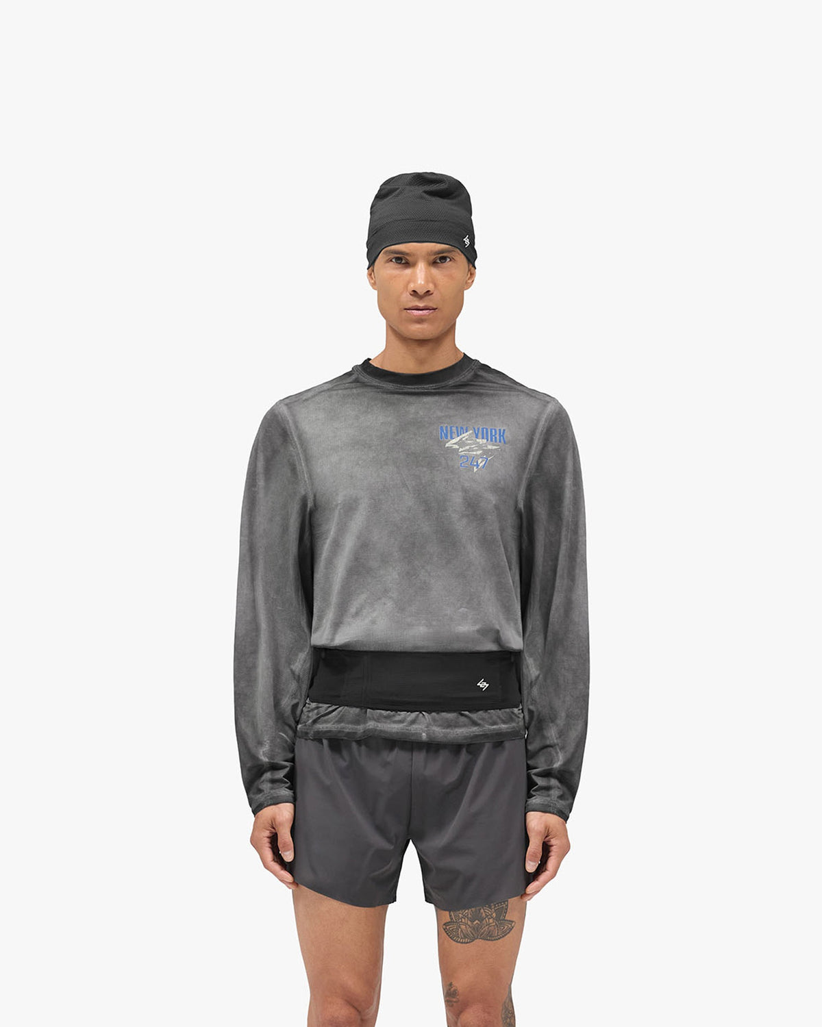 247 New York Long Sleeve T-Shirt - Washed Grey - Cropped Model - Front