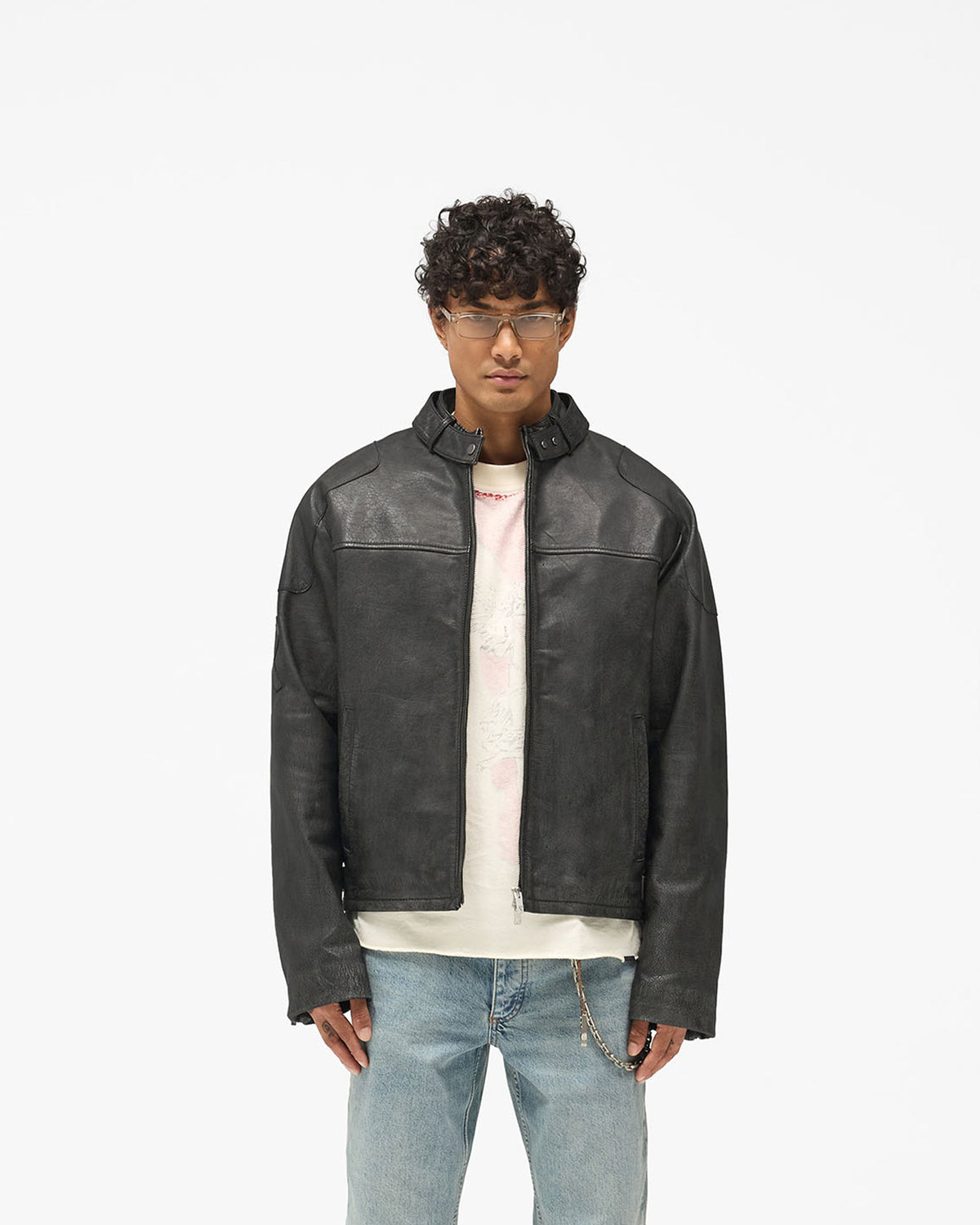 Flag Leather Bomber - Black - Cropped Model - Front