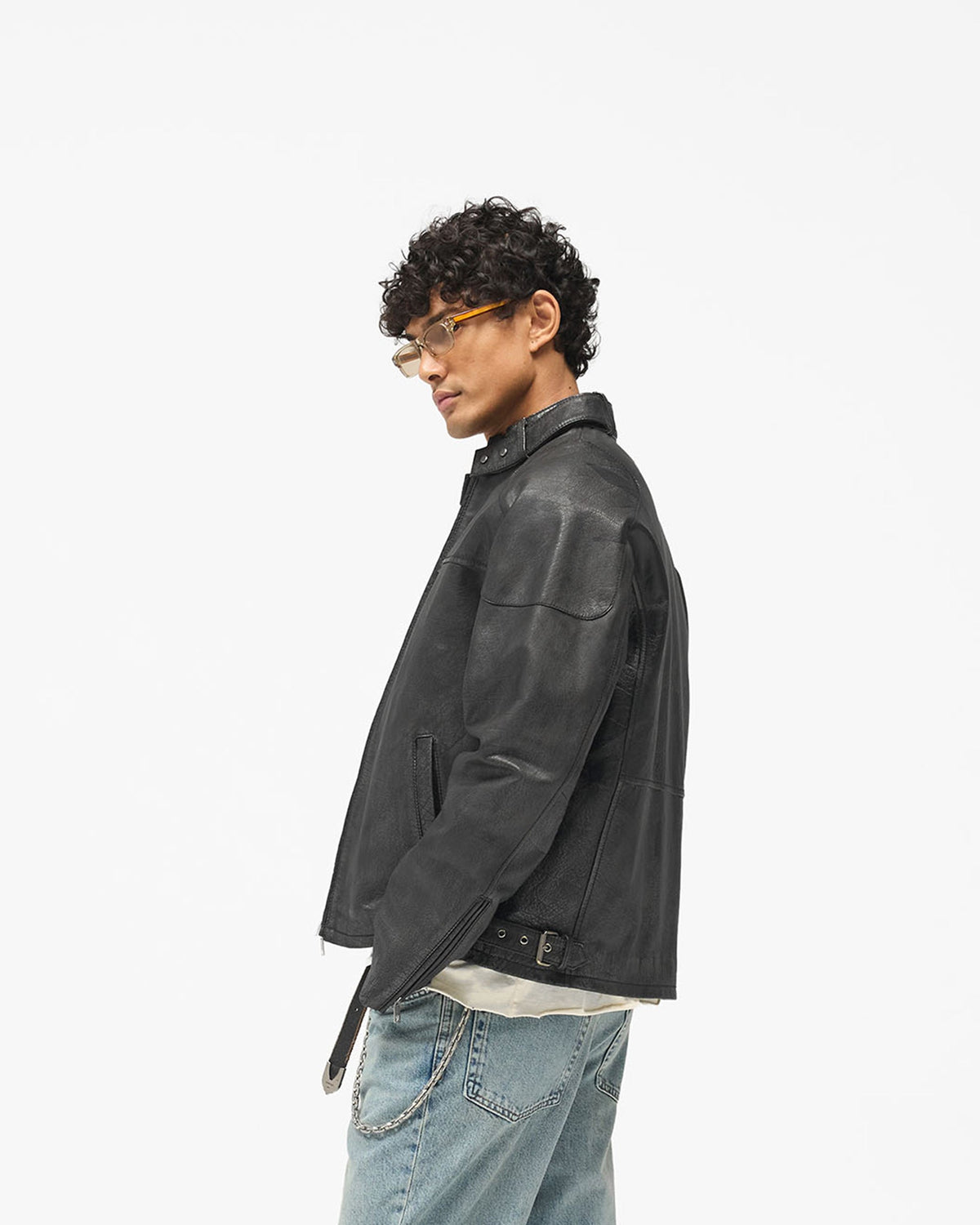 Flag Leather Bomber - Black - Cropped Model - Side