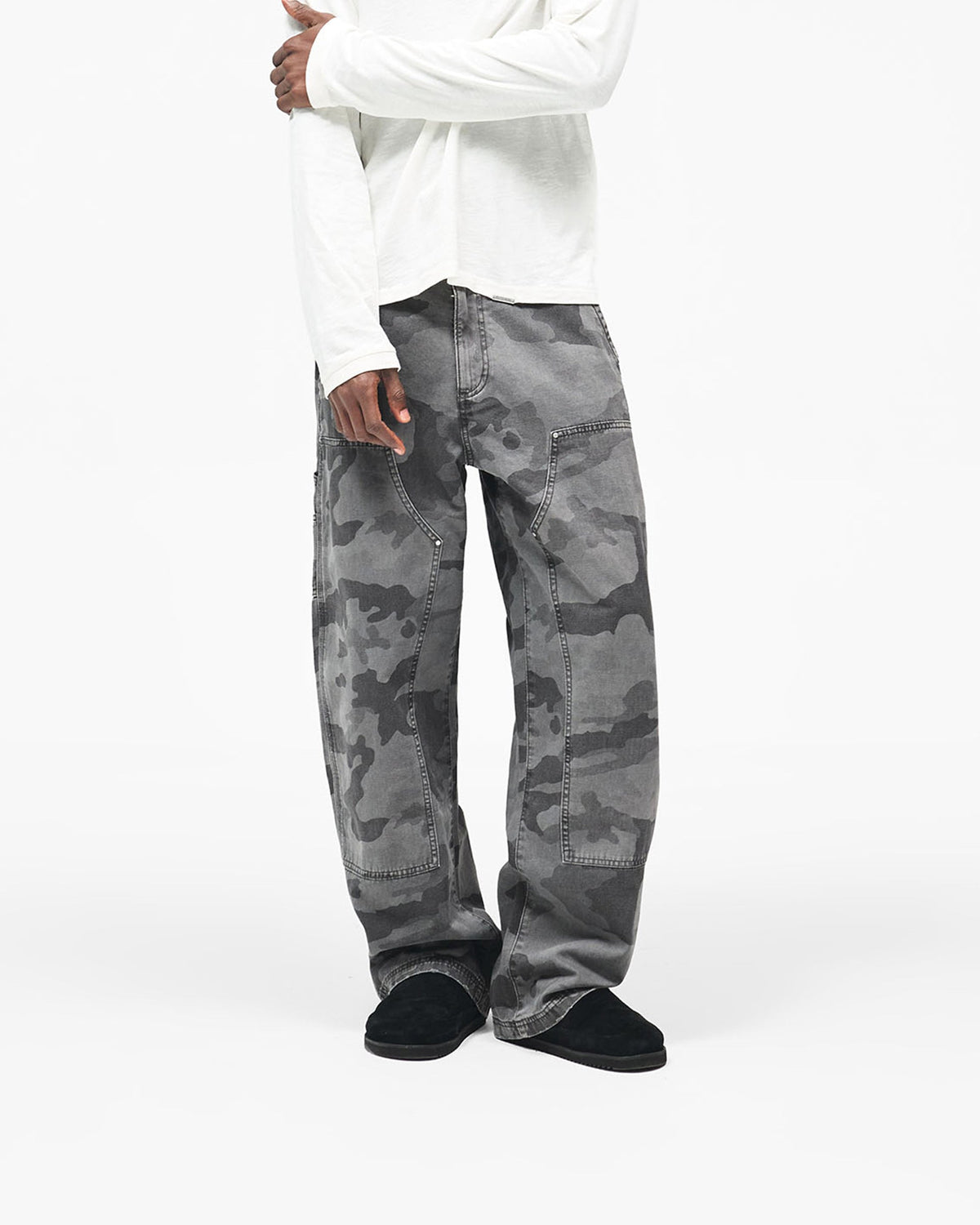 Heaton Camo Workwear Pant - Washed Grey Camo - Cropped Model - Front