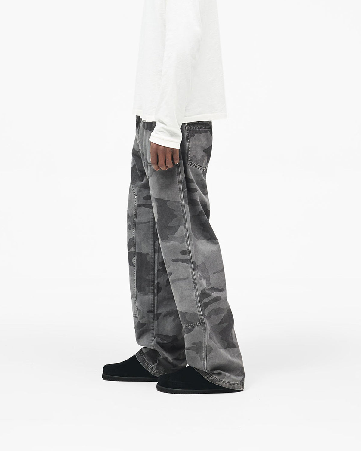 Heaton Camo Workwear Pant - Washed Grey Camo - Cropped Model - Side