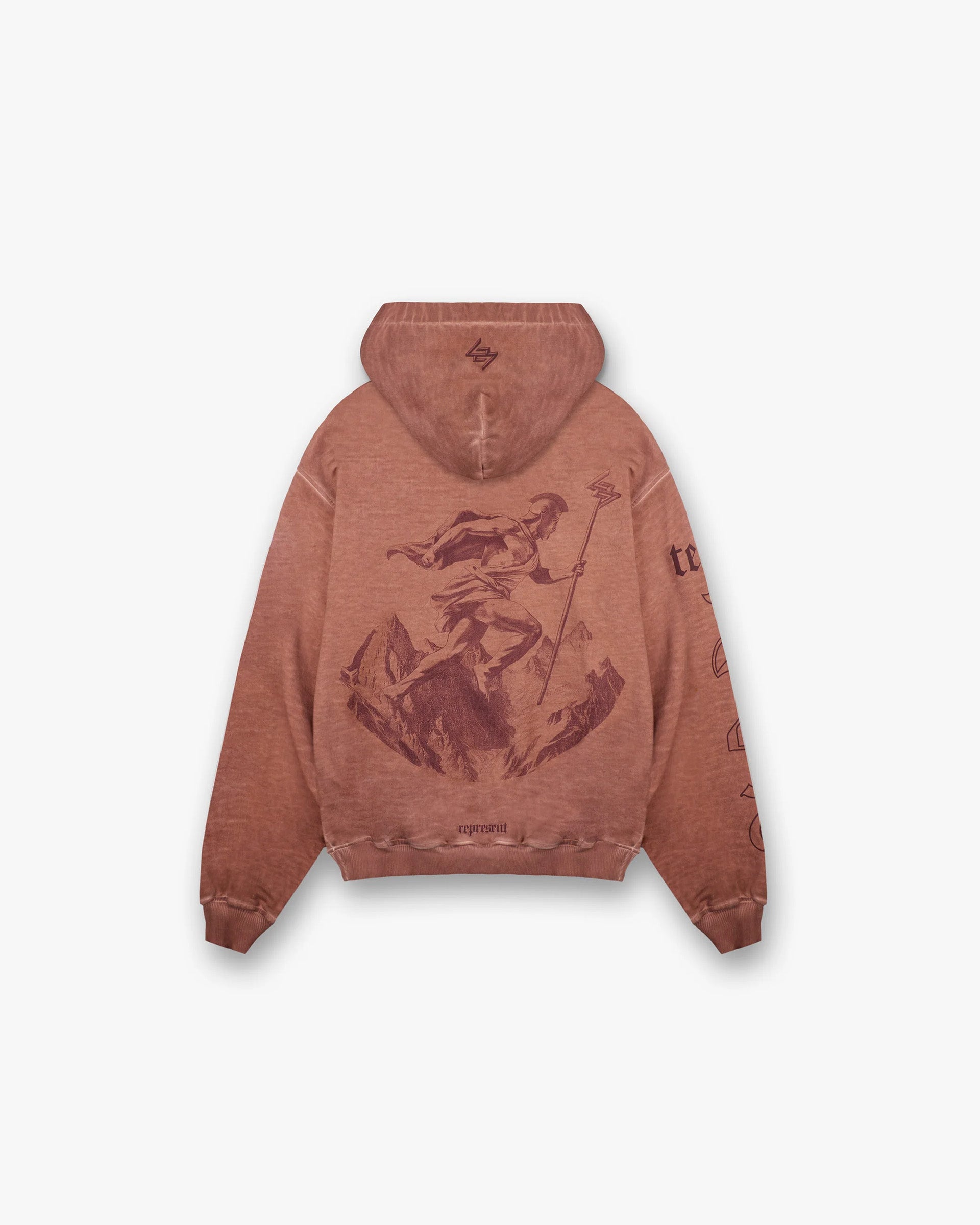 Back product image of a mens rust hoodie on a plain white background | WG247 Hoodie in Rust | Slightly oversized fit hoodie with vintage 247 typography and Spartan warrior graphic | 247 Hoodies | Represent Clo