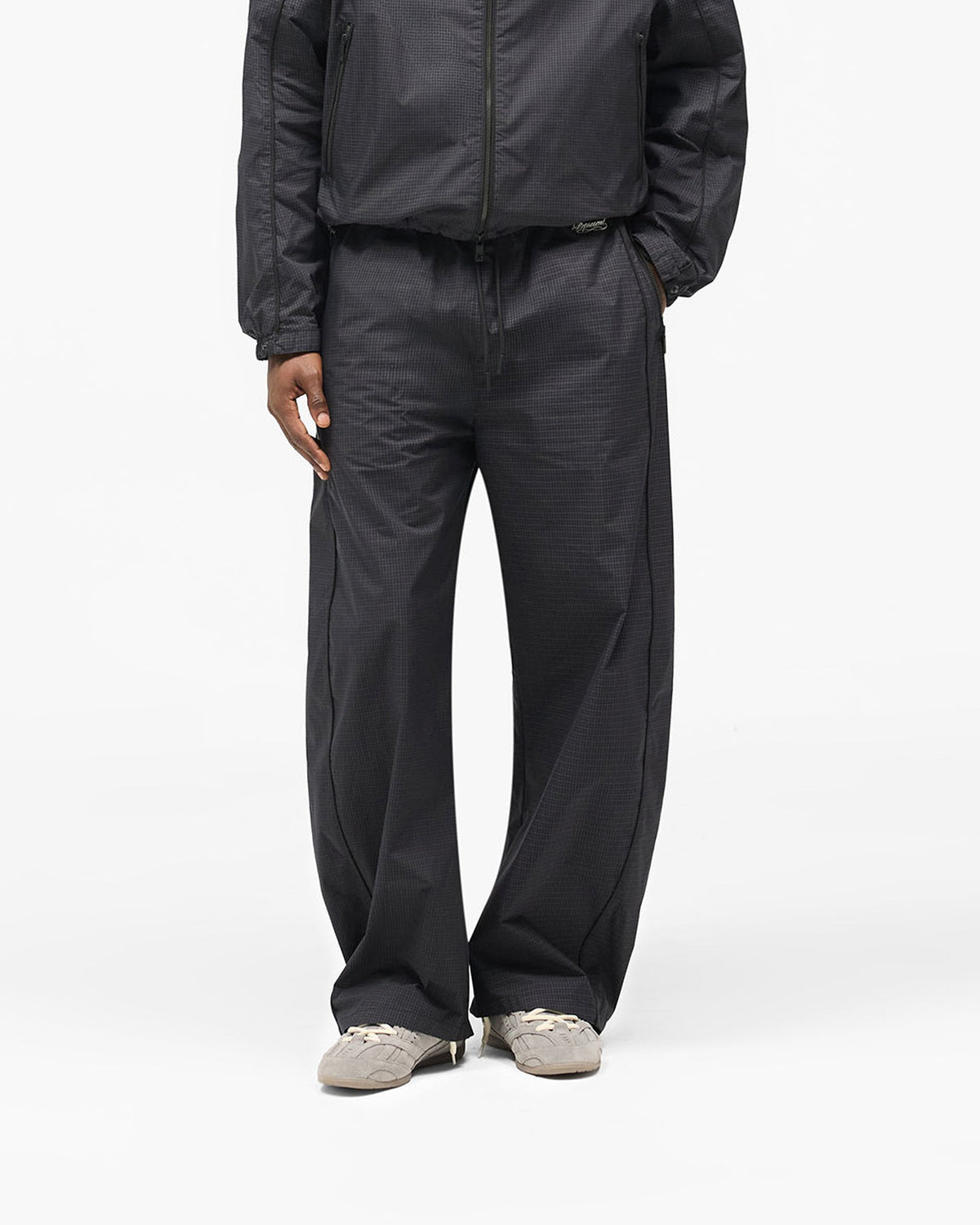 Riot Track Pant - Navy Check - Cropped Model - Front