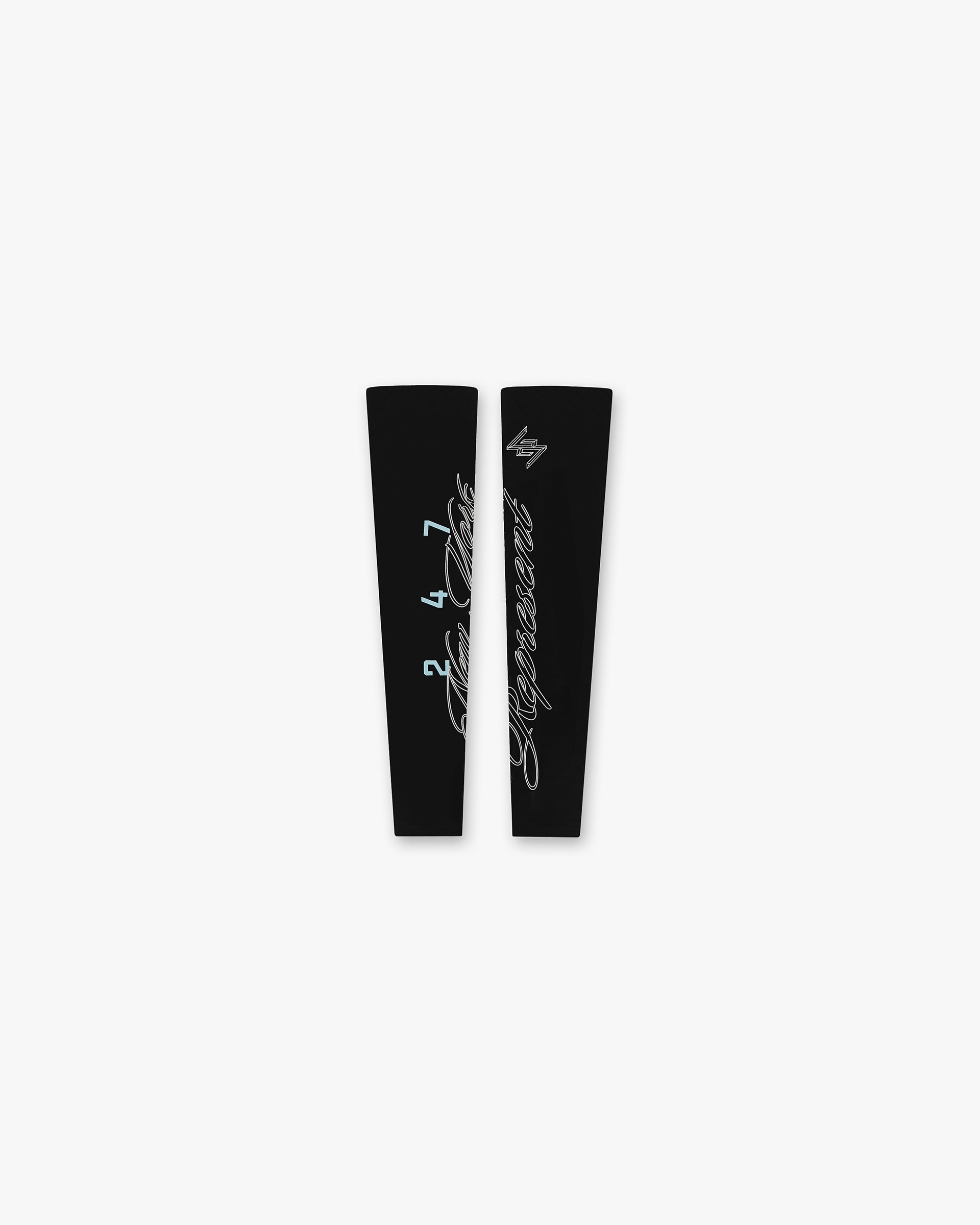 Front product image of mens black arm warmers on a plain white background | 247 New York Arm Warmers in Black | Soft arm warmers | 247 Accessories | Represent Clo