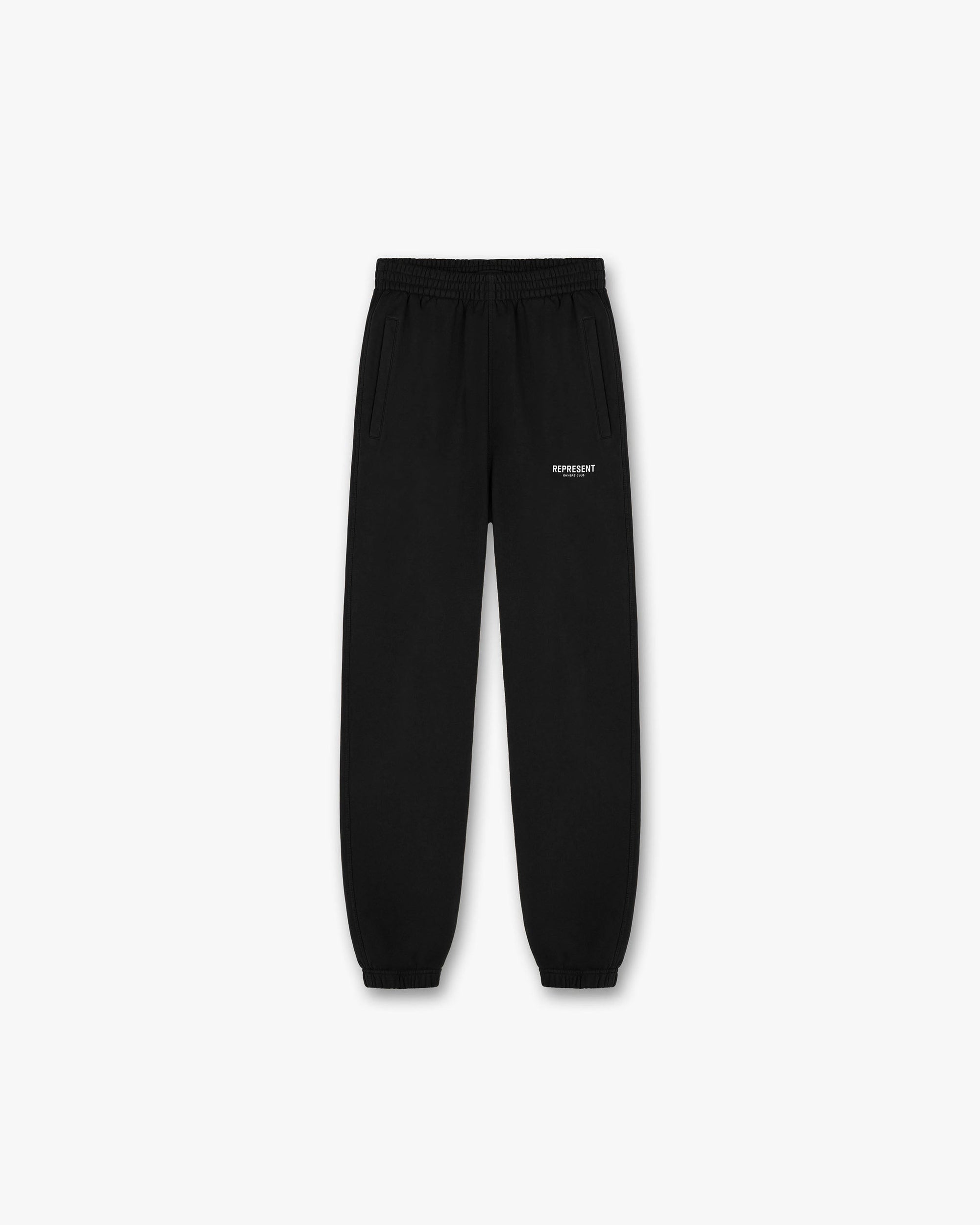 Front product image of mens black sweatpants on a plain white background | Represent Owners Club Sweatpant in Black | Sweatpants with tailored waistband | Owners Club Pants | Represent Clo